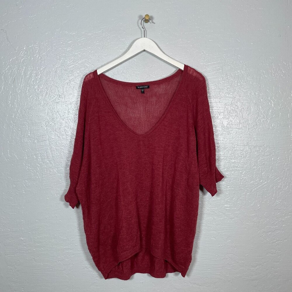 Eileen Fisher Women L Red Open Knit Sweater Merino Wool Dolman Sleeve Minimalist